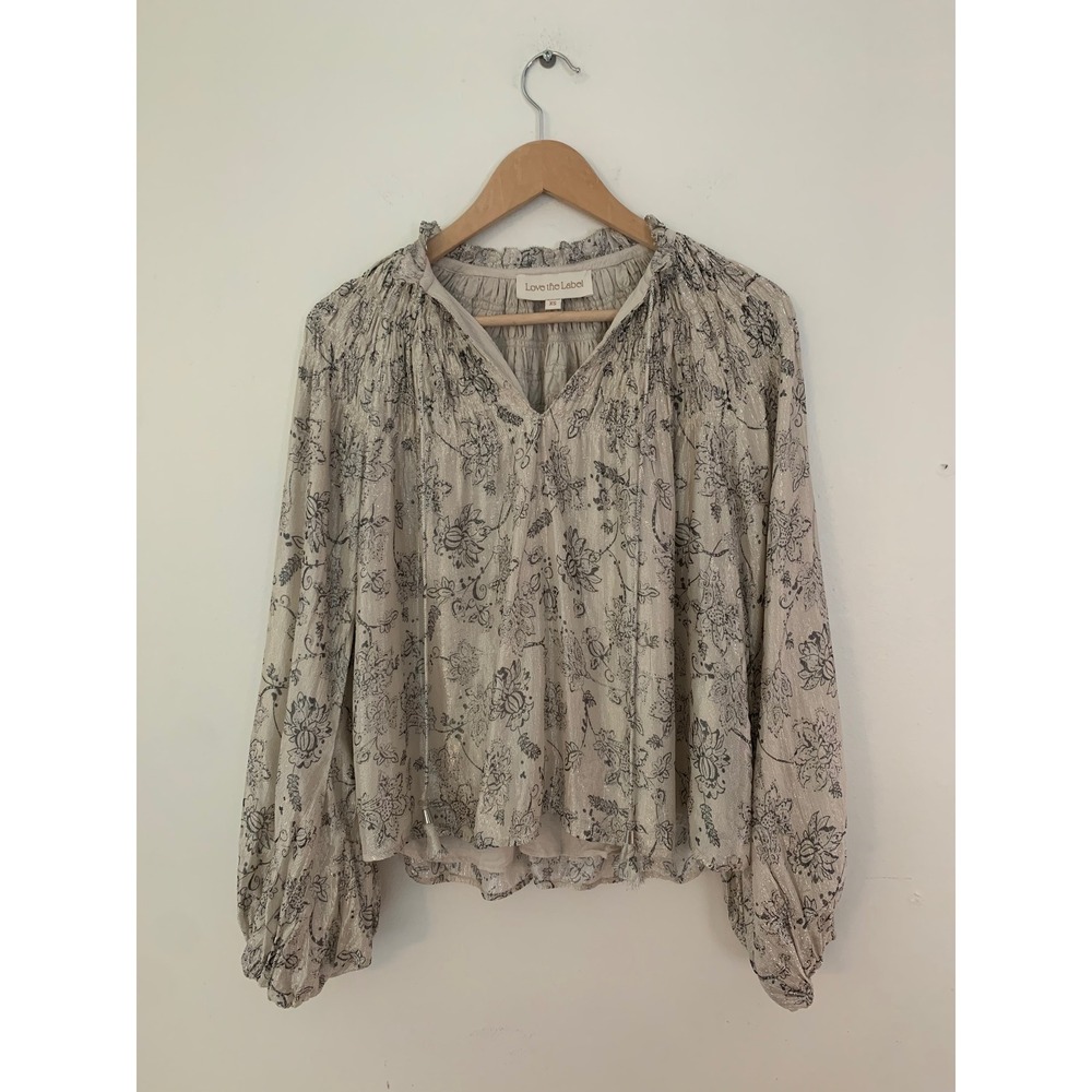 Love the Label Blouse XS Silver Floral Metallic Tassel Boho Peasant Romantic